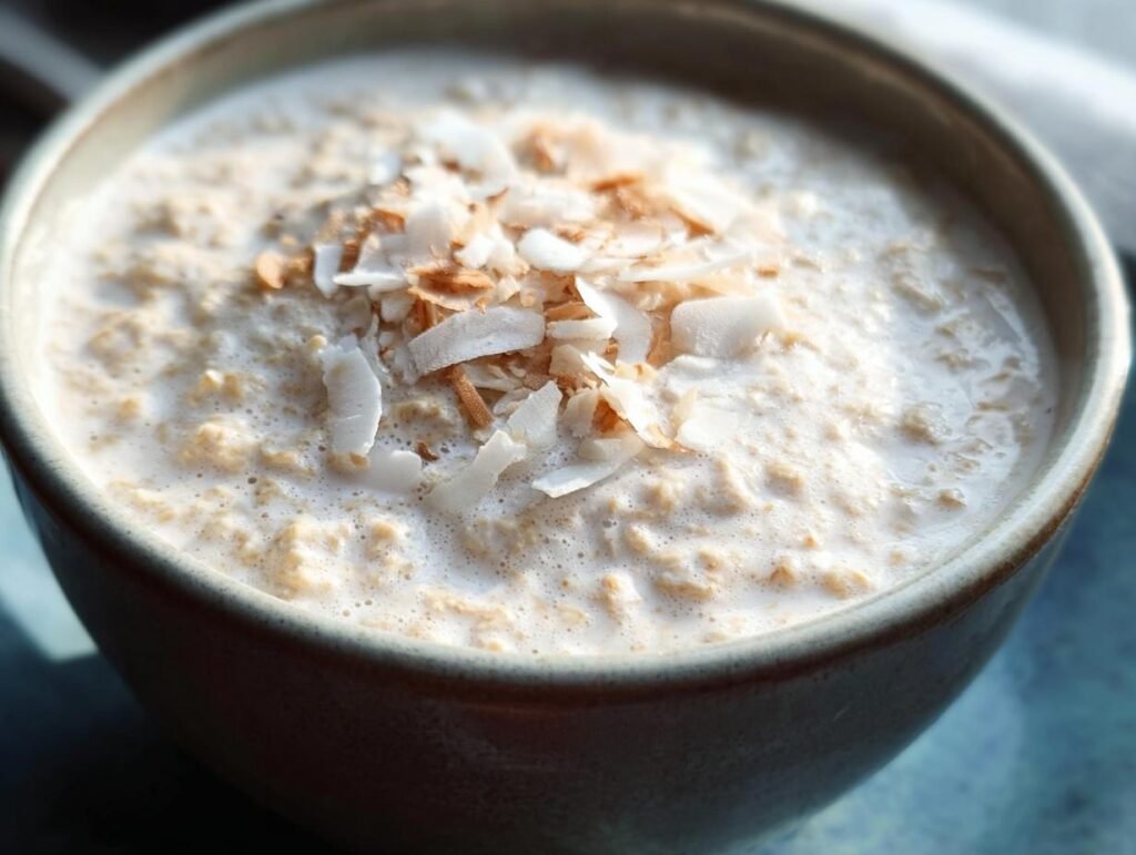 Bowl of Coconut Cream Oats topped with toasted coconut flakes, ready to eat.