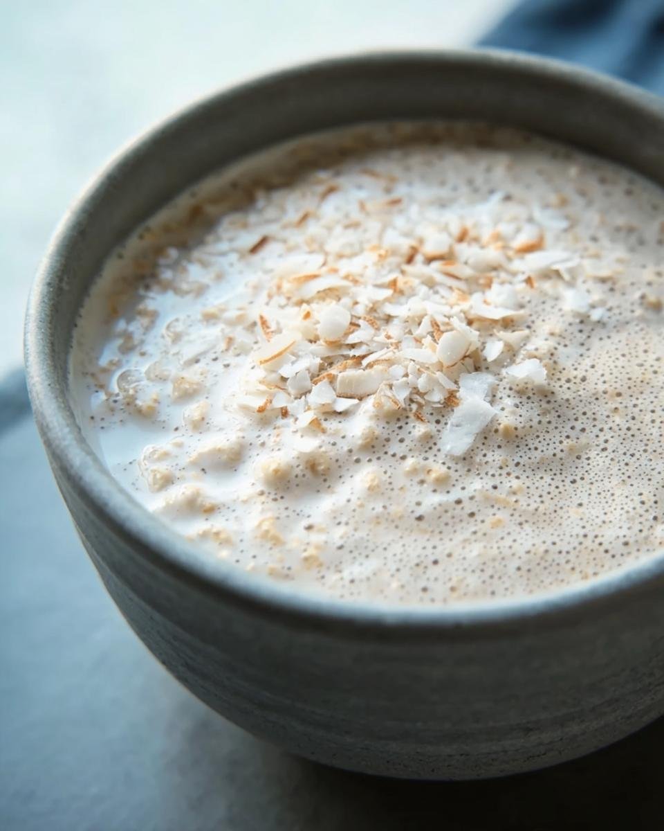 A bowl of Coconut Cream Oats topped with toasted coconut flakes, ready to eat.