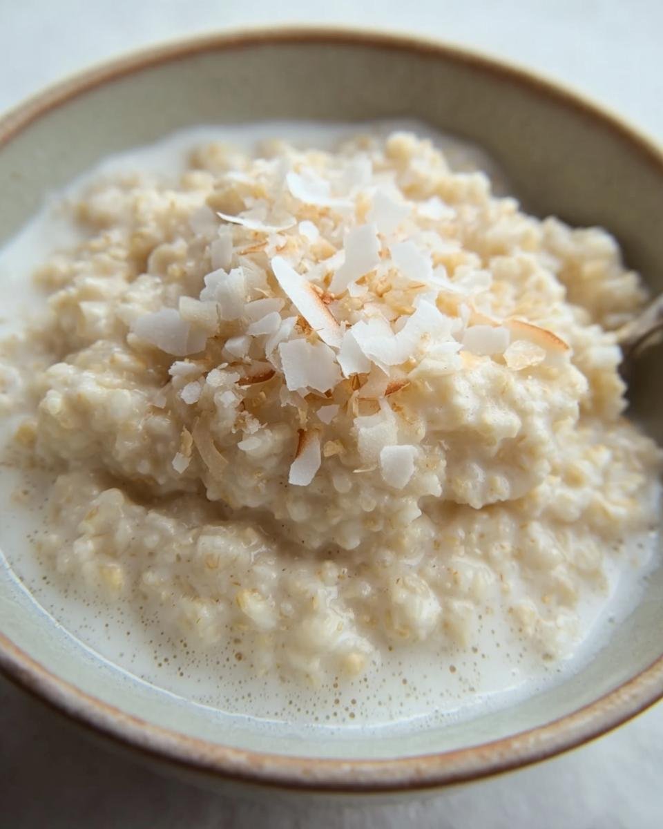 A bowl of delicious Coconut Cream Oats topped with toasted coconut flakes, ready to eat.