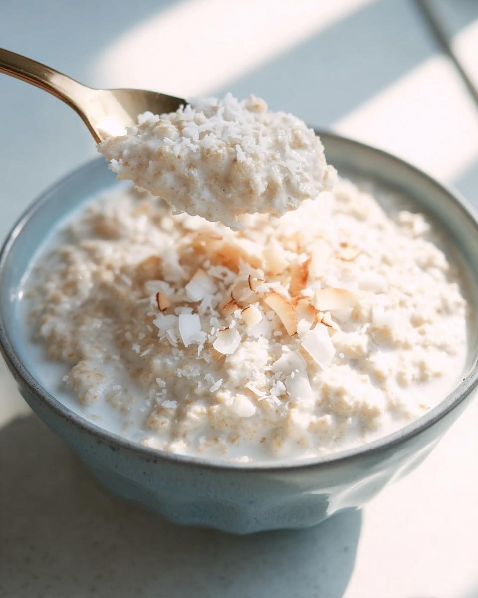 A bowl of Coconut Cream Oats topped with coconut flakes, with a spoonful being lifted.