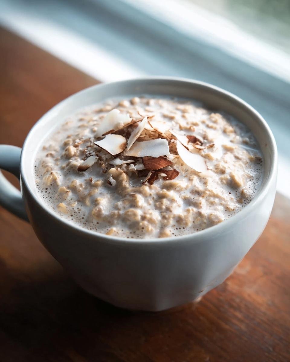 A mug of Coconut Cream Oats topped with toasted coconut flakes, sitting on a wooden surface.