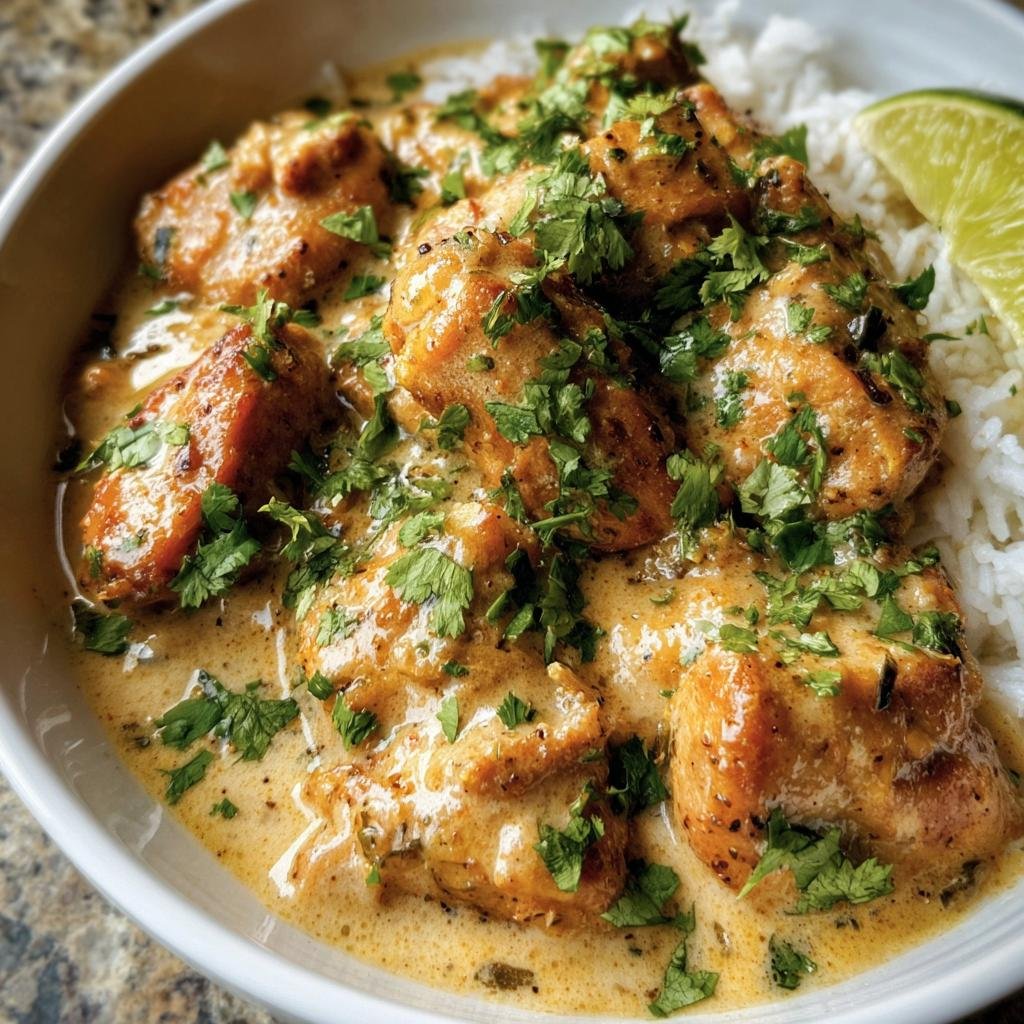 A bowl of Coconut Lime Chicken served over rice, garnished with fresh cilantro and a lime wedge.