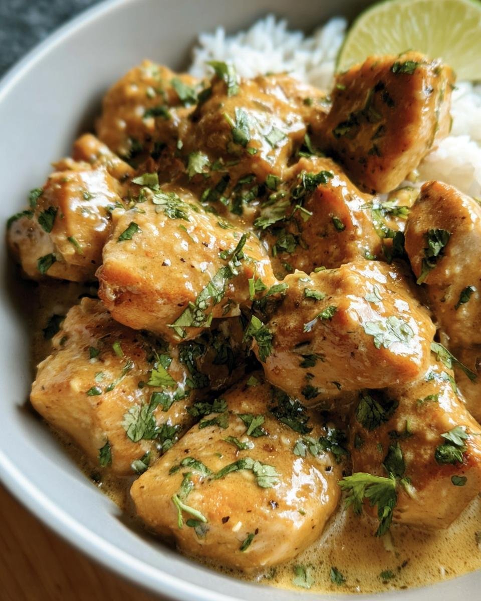 A bowl of Coconut Lime Chicken served over rice, garnished with cilantro and a lime wedge.