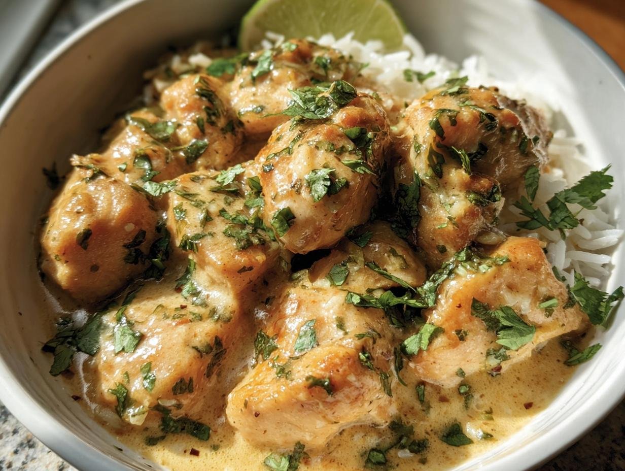 A bowl of Coconut Lime Chicken served over rice, garnished with cilantro and a lime wedge.