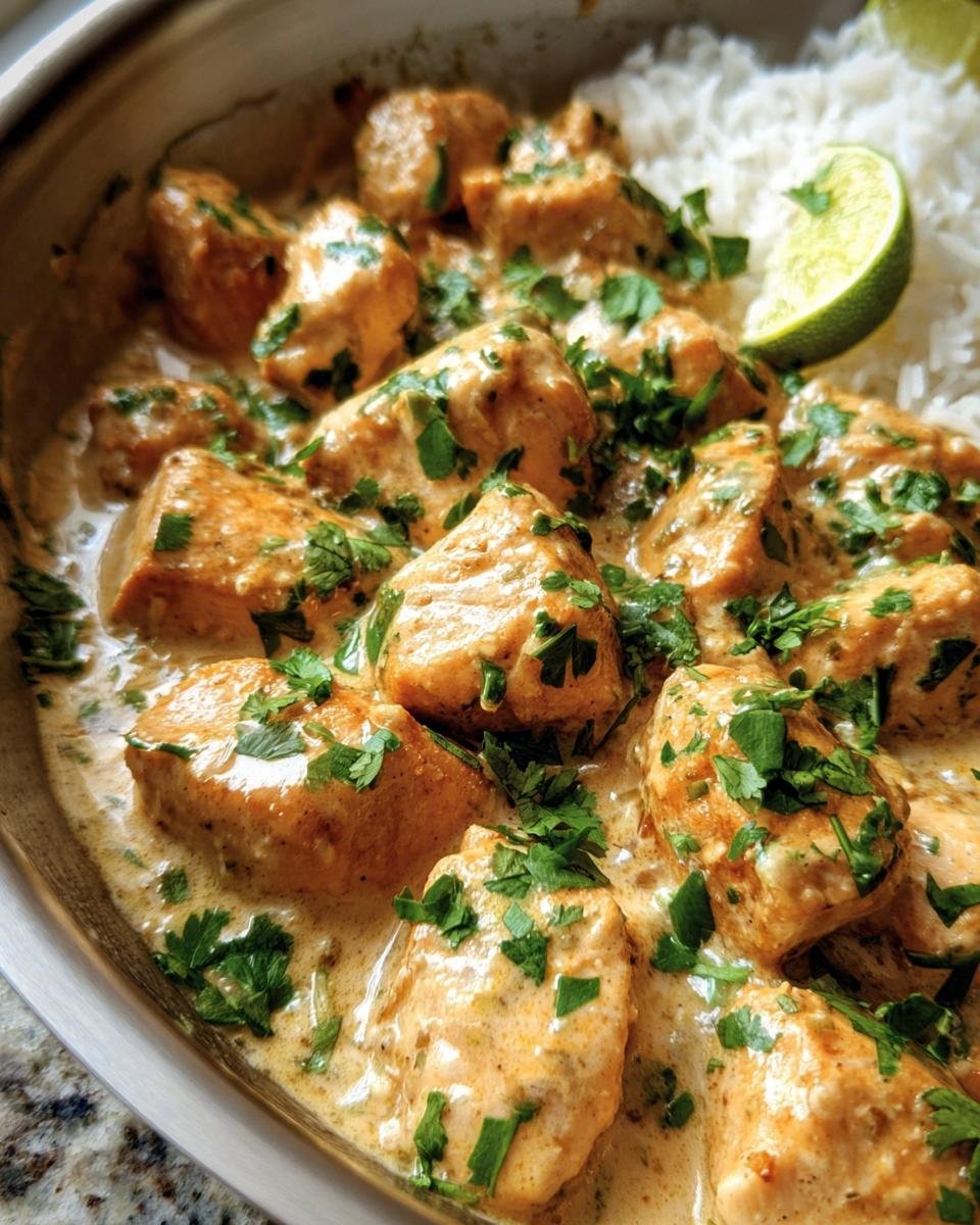 Close-up of Coconut Lime Chicken served with rice and a lime wedge, garnished with fresh parsley.