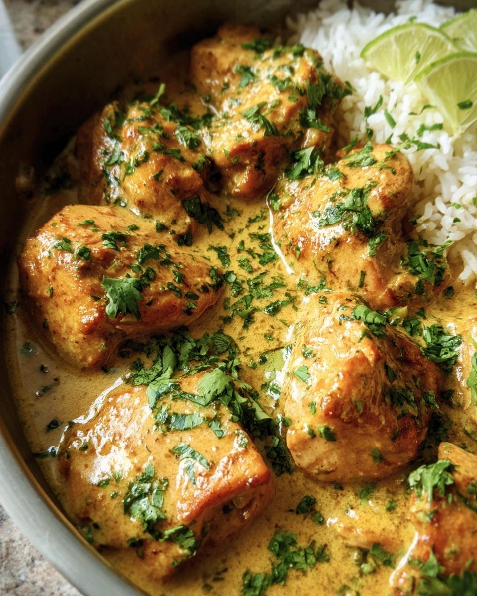 Close-up of Coconut Lime Chicken served with rice and lime wedges, garnished with fresh cilantro.