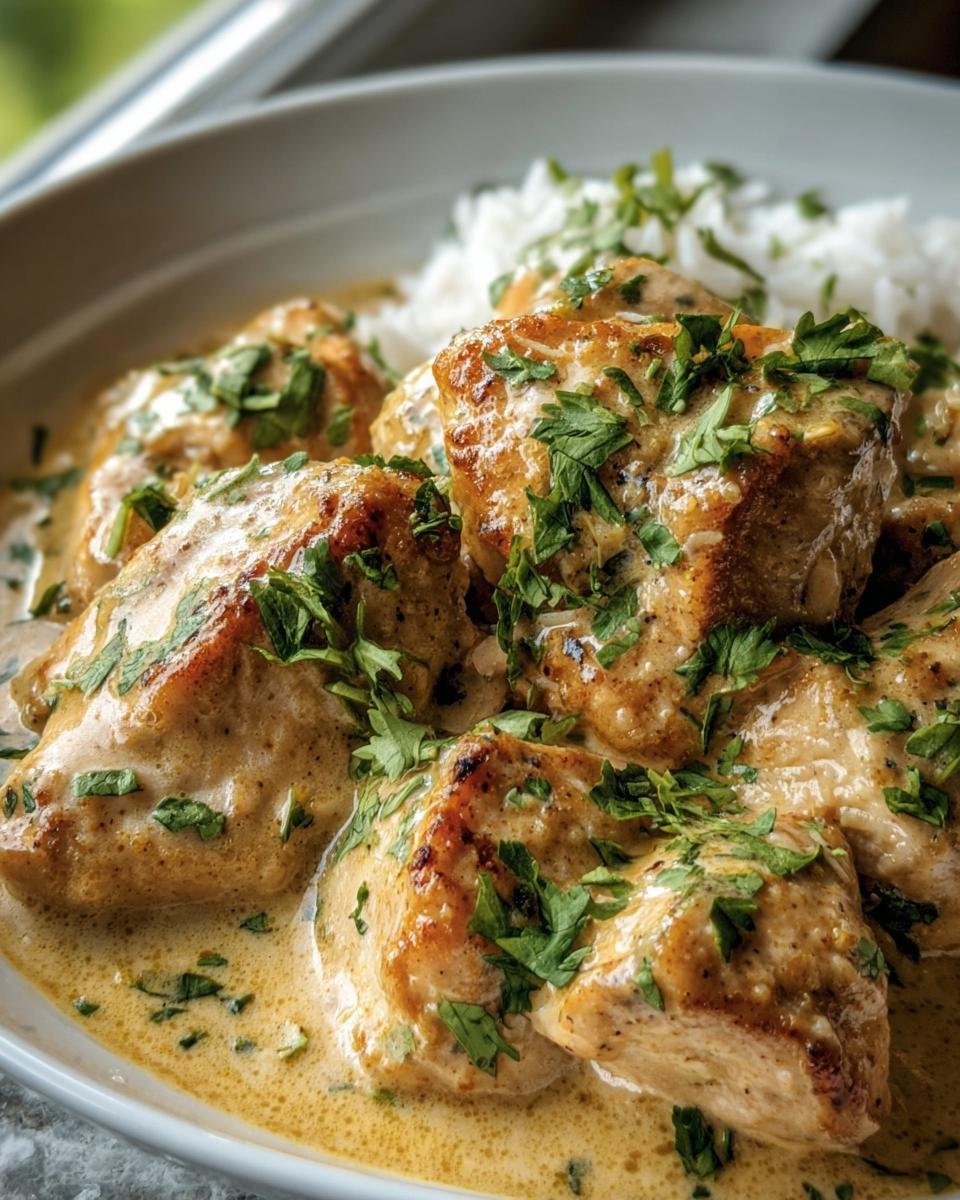 Close-up of Coconut Lime Chicken served with rice and garnished with fresh parsley.