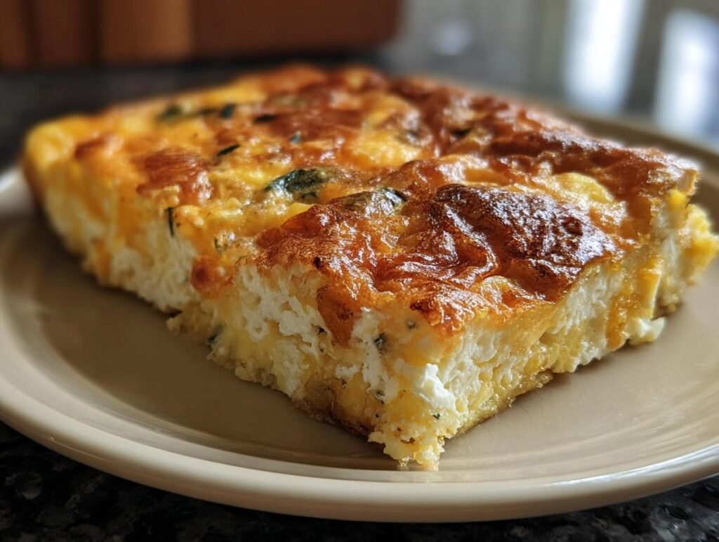 A slice of golden brown Cottage Cheese Egg Bake on a plate, showcasing its fluffy texture and baked top.