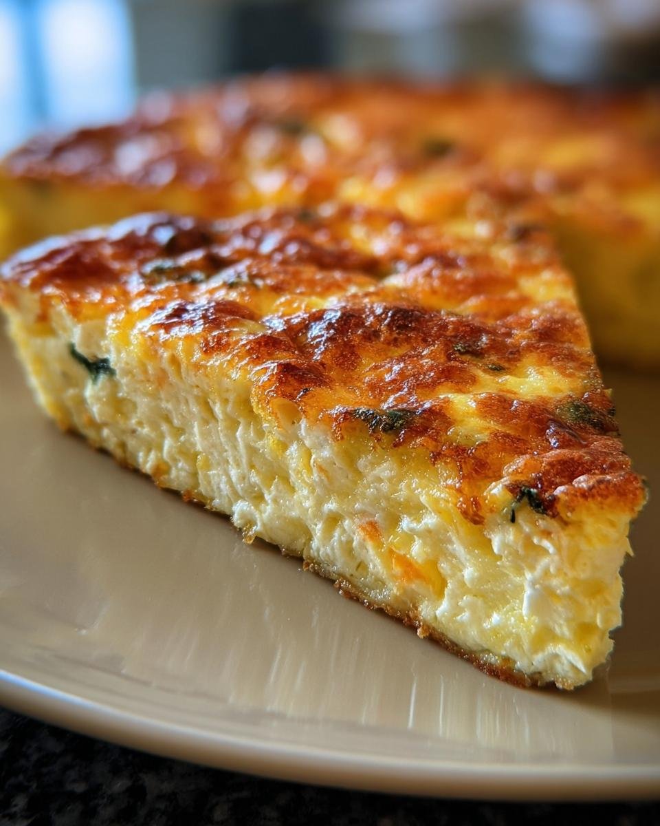 A slice of golden brown Cottage Cheese Egg Bake on a plate, showing a fluffy texture and visible ingredients.