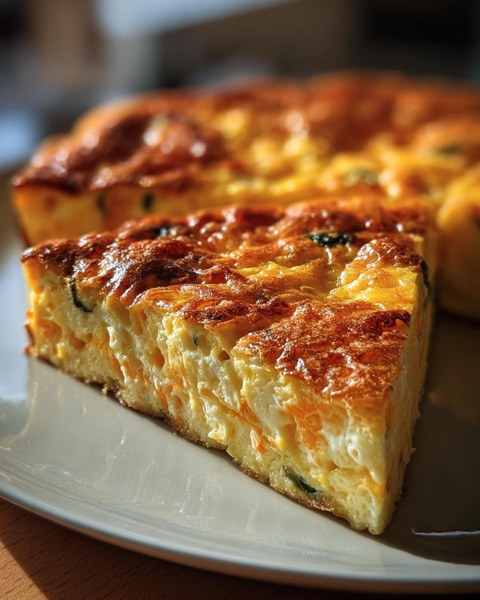 A slice of golden brown Cottage Cheese Egg Bake on a plate, showcasing the texture and ingredients.
