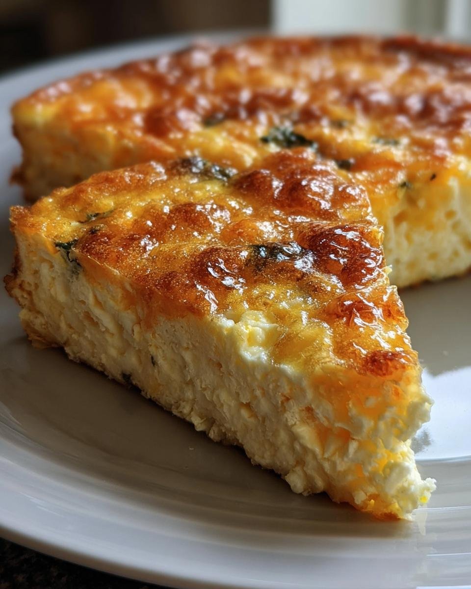 A slice of golden brown Cottage Cheese Egg Bake on a plate, showcasing its fluffy texture and cheesy top.