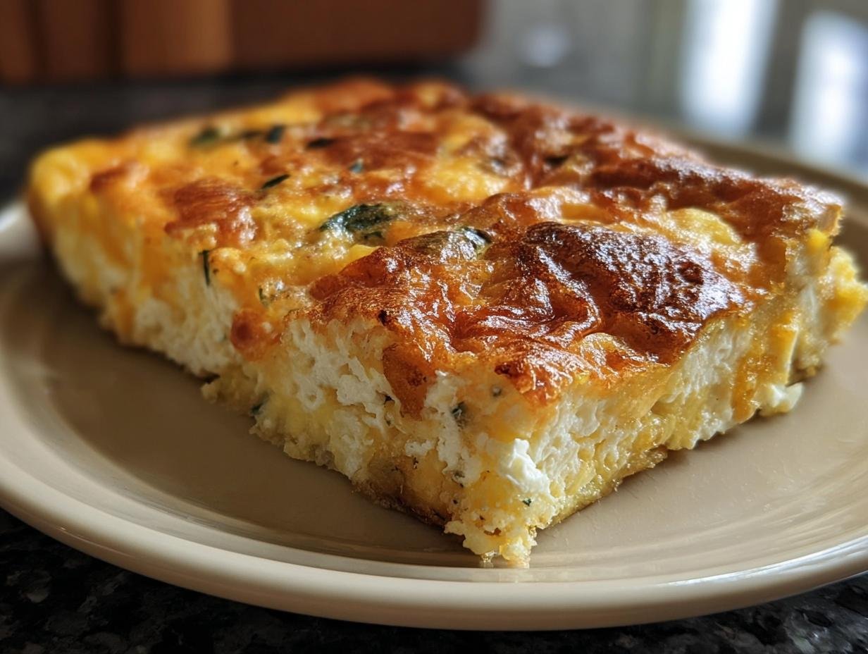 A slice of golden brown Cottage Cheese Egg Bake on a plate, showcasing its fluffy texture and baked top.