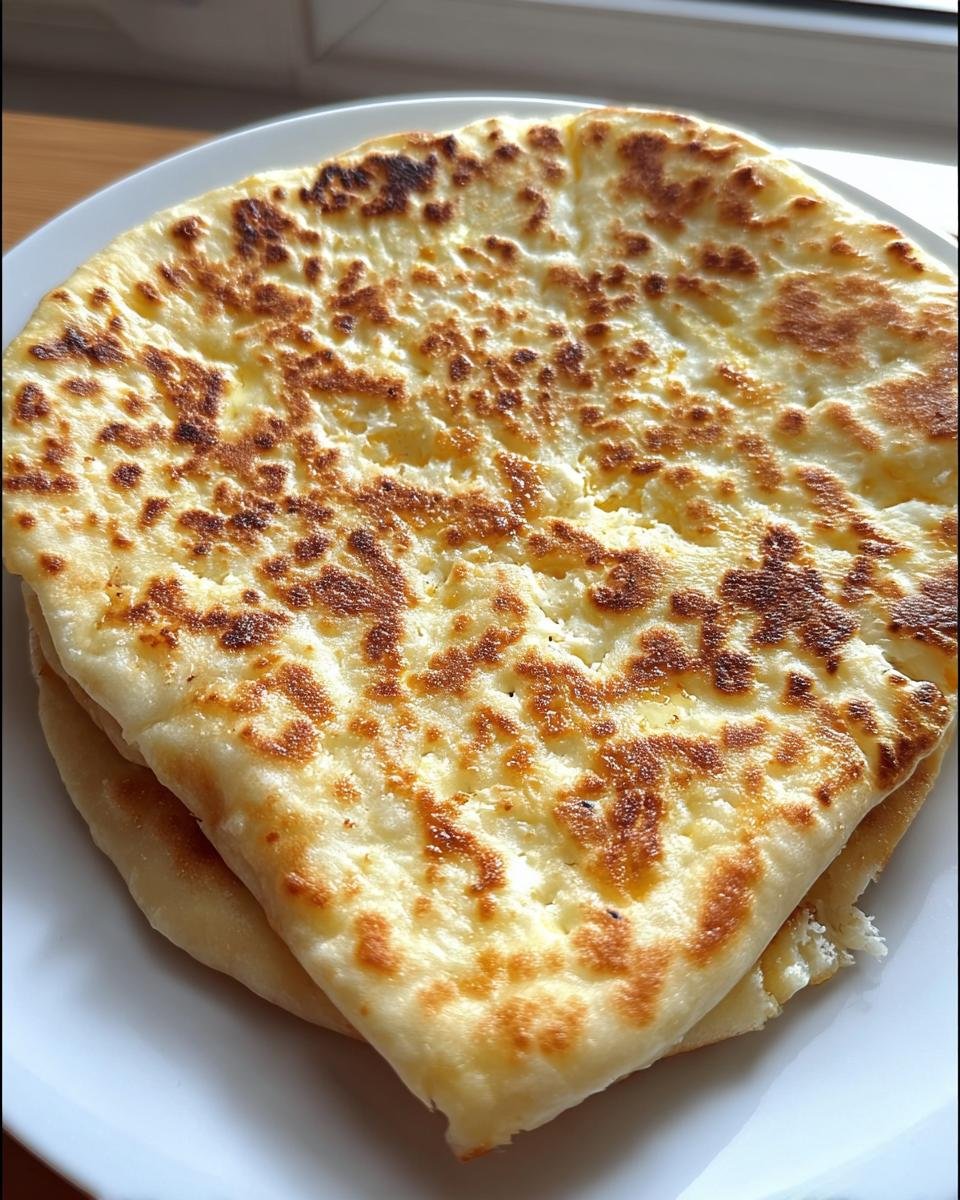 Close-up of a golden brown Cottage Cheese Flatbread on a white plate, showcasing its texture.