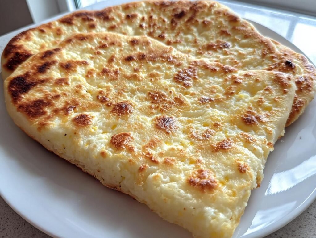Two golden-brown cottage cheese flatbreads stacked on a white plate, showcasing their texture and color.