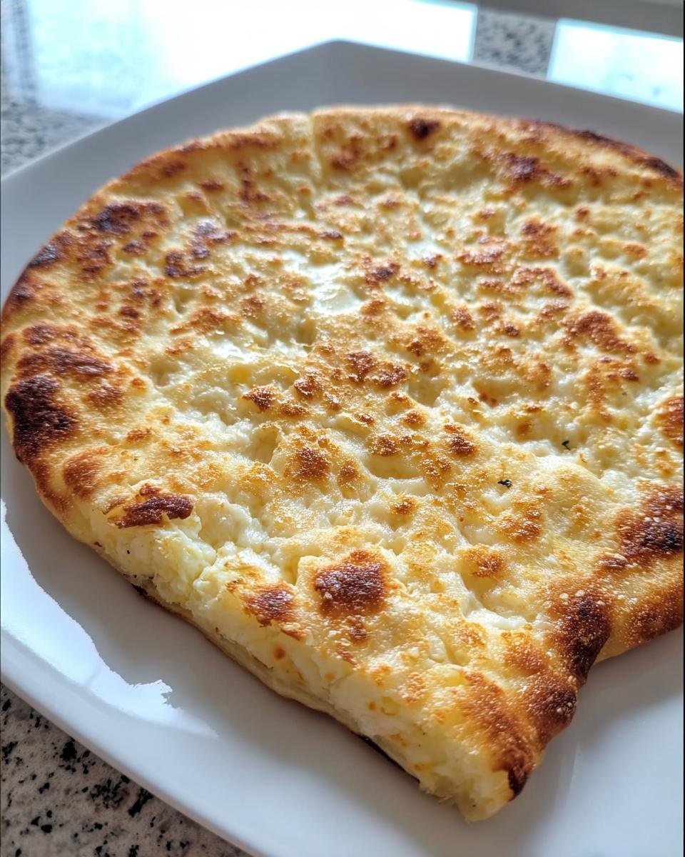 A freshly baked cottage cheese flatbread on a white plate, showing a golden crust and soft filling.
