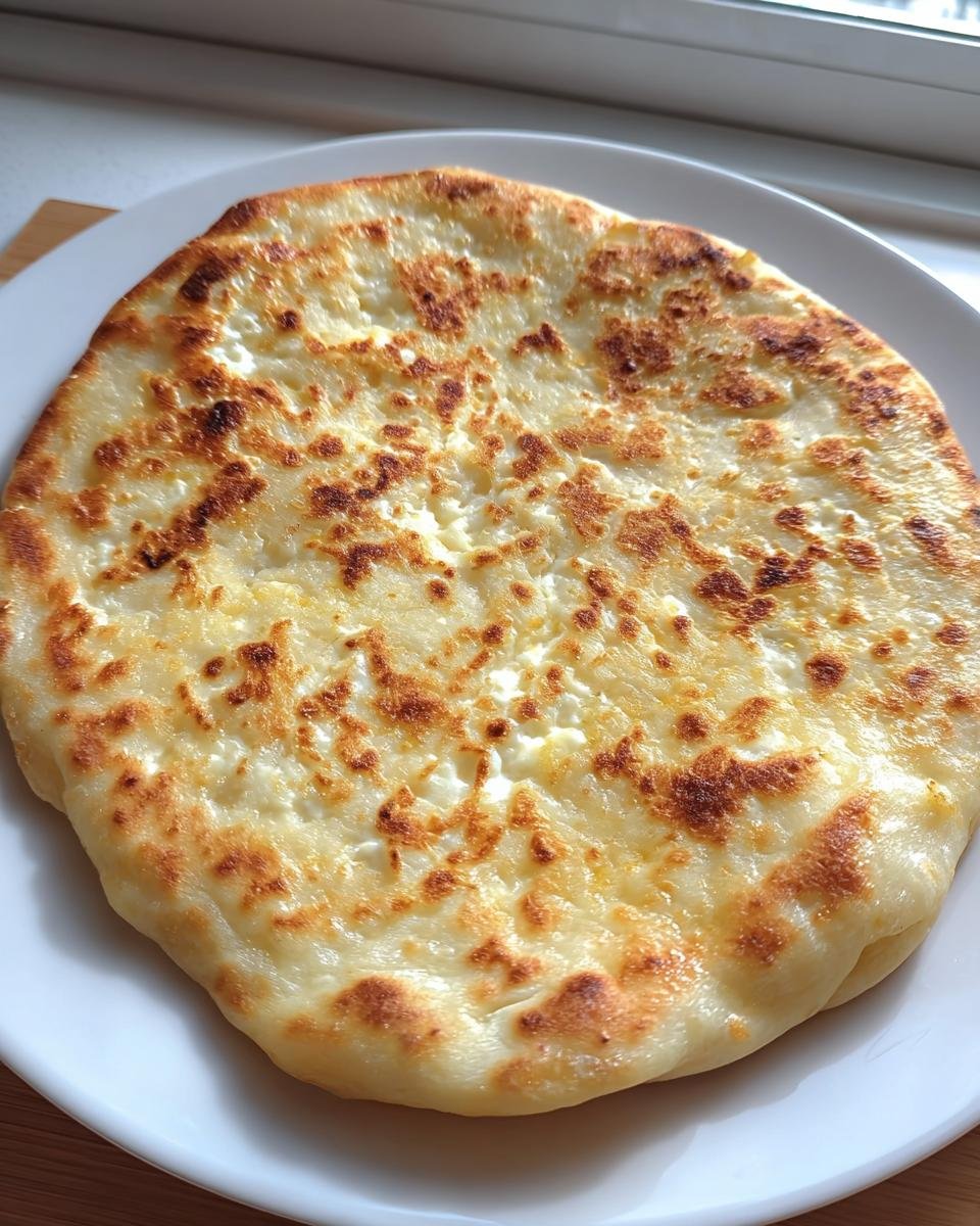 A freshly baked Cottage Cheese Flatbread sits on a white plate, showcasing its golden-brown crust and cheesy topping.