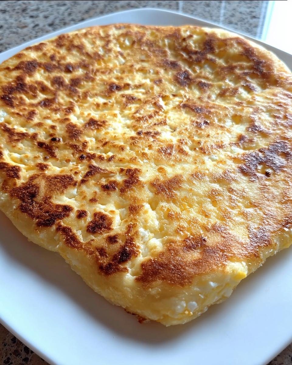 A freshly baked cottage cheese flatbread on a white plate, showing a golden-brown crust and soft interior.