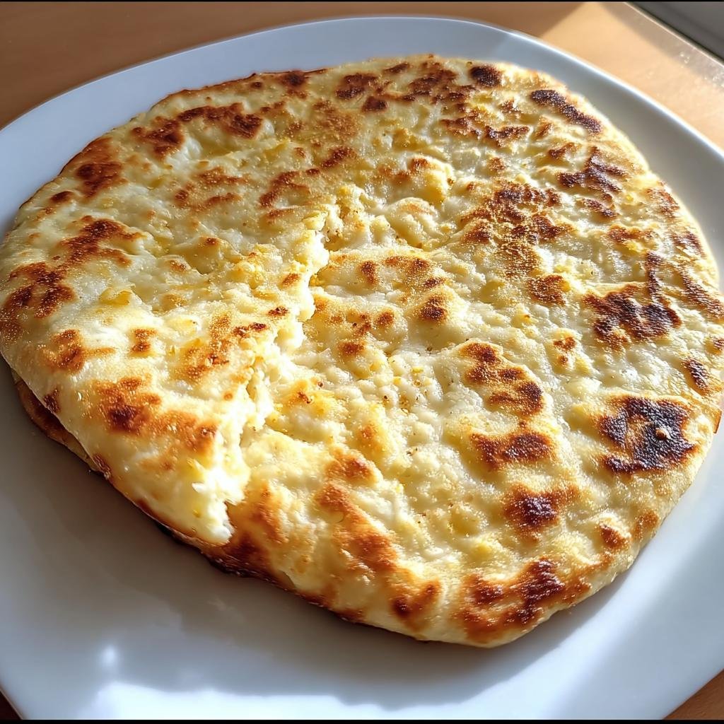 A delicious, golden-brown Cottage Cheese Flatbread served on a white plate, ready to eat.