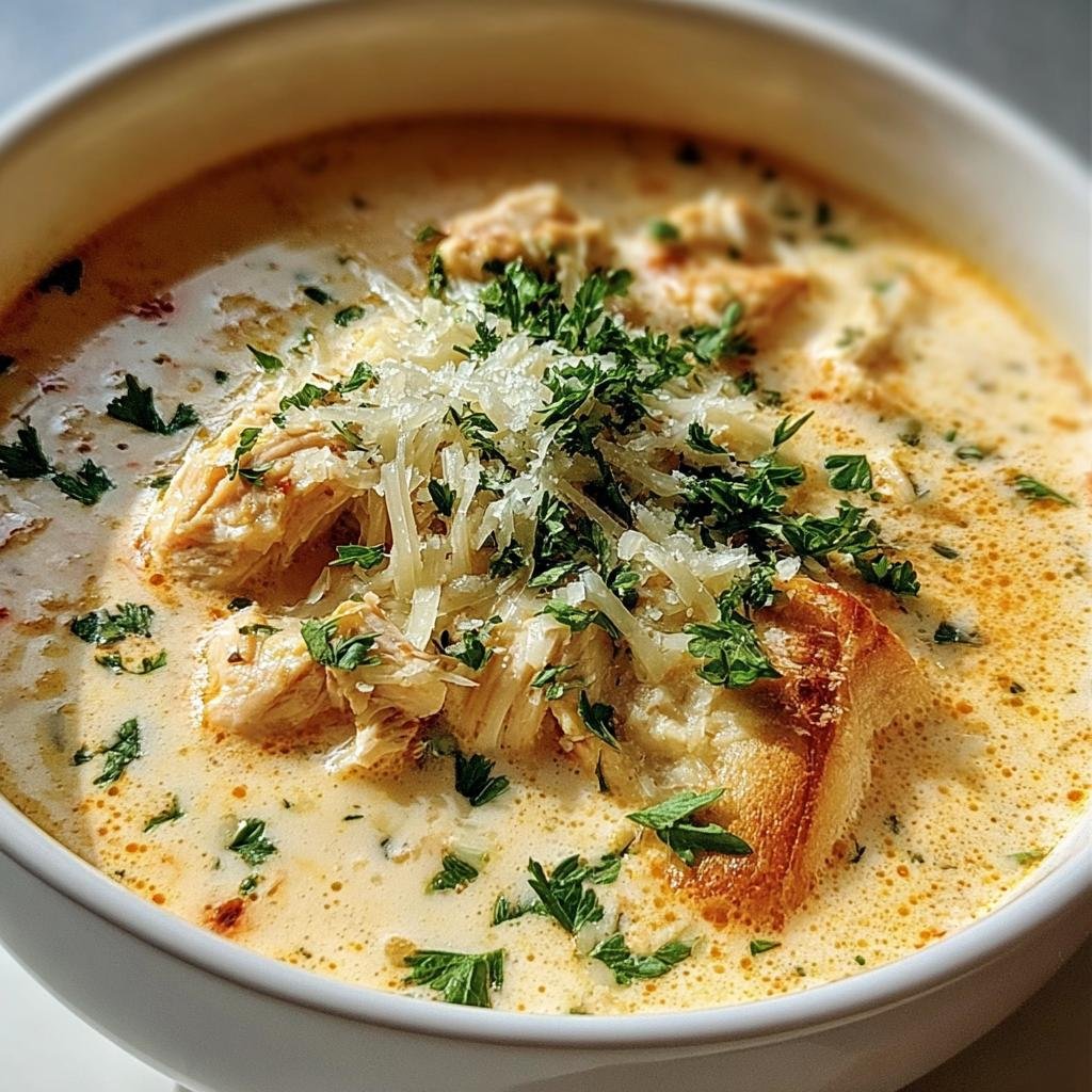 A bowl of Creamy Chicken Parmesan Soup, topped with shredded parmesan and fresh parsley.