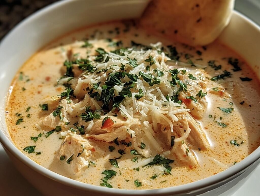 A bowl of Creamy Chicken Parmesan Soup topped with shredded parmesan cheese and parsley.