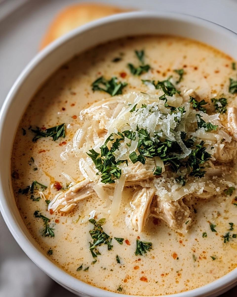 A bowl of Creamy Chicken Parmesan Soup topped with shredded Parmesan cheese and fresh parsley.