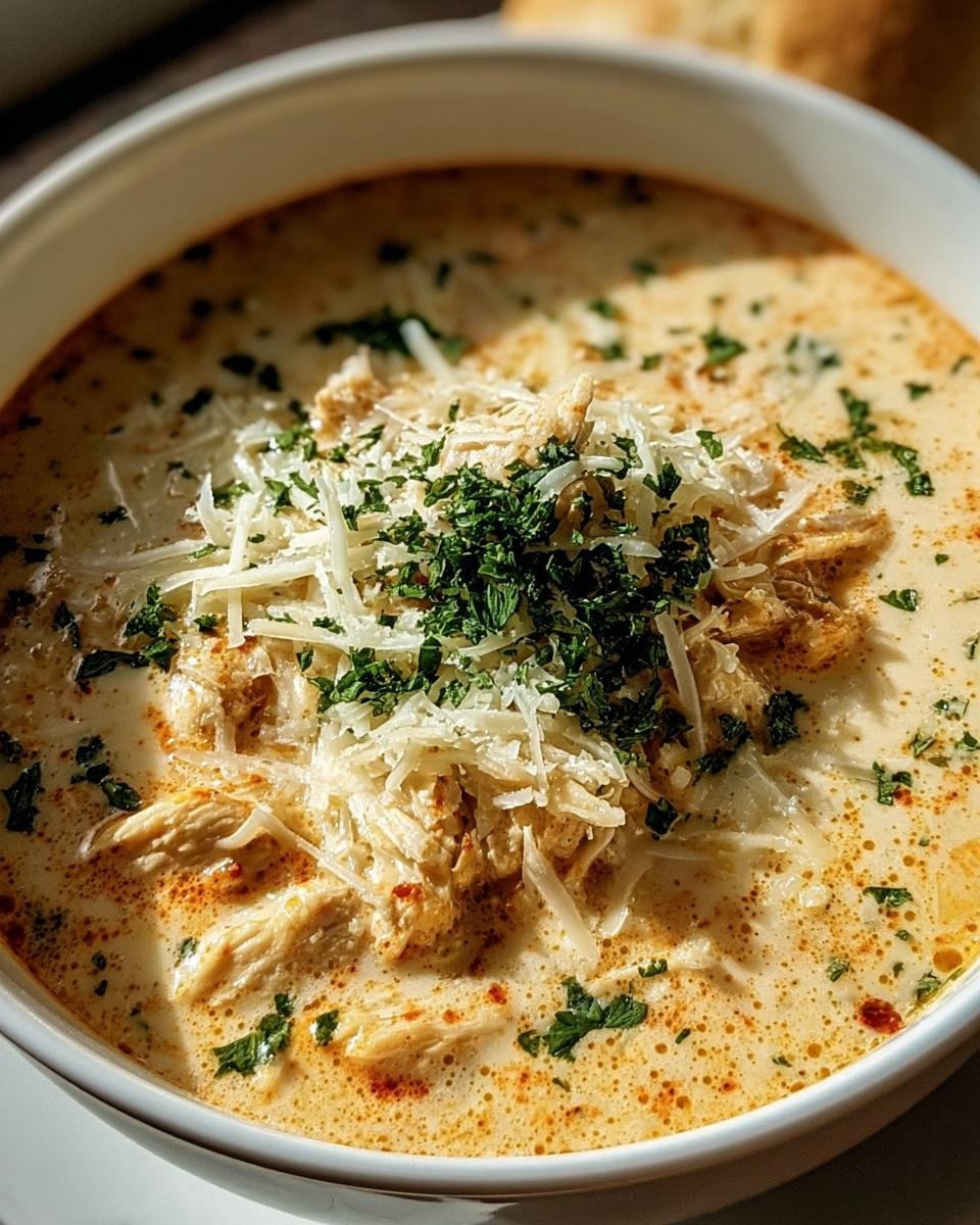 A bowl of Creamy Chicken Parmesan Soup, topped with shredded parmesan cheese and fresh parsley.