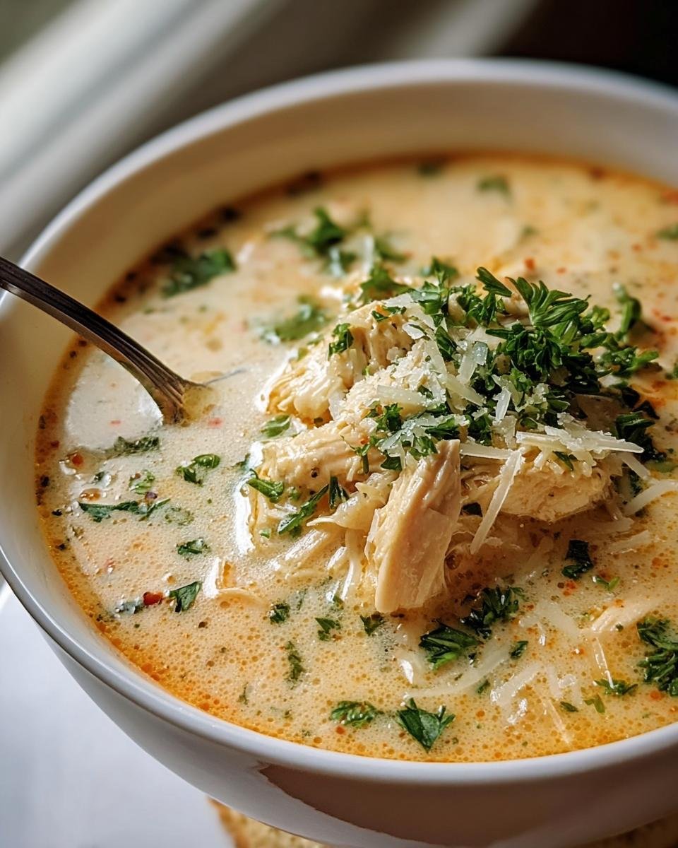 Close-up of a bowl of Creamy Chicken Parmesan Soup, garnished with shredded parmesan and parsley.