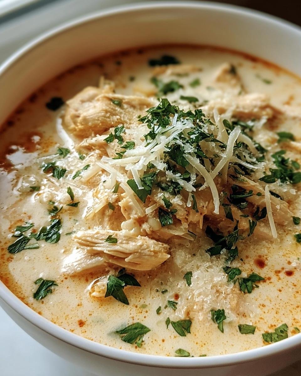 Close-up of Creamy Chicken Parmesan Soup in a white bowl, topped with shredded parmesan and fresh parsley.