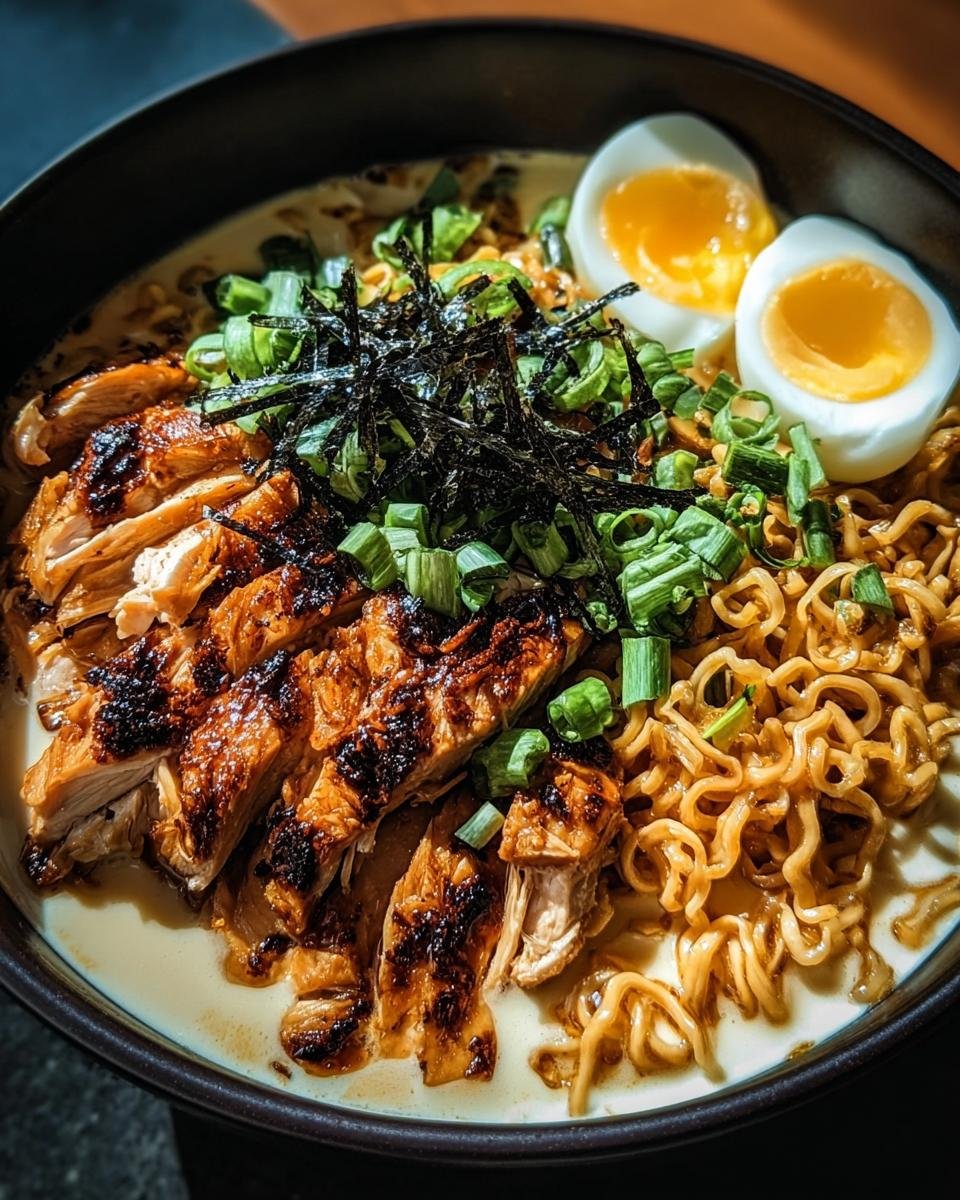 A bowl of creamy Chicken Ramen with sliced chicken, soft boiled egg, green onions, and seaweed.