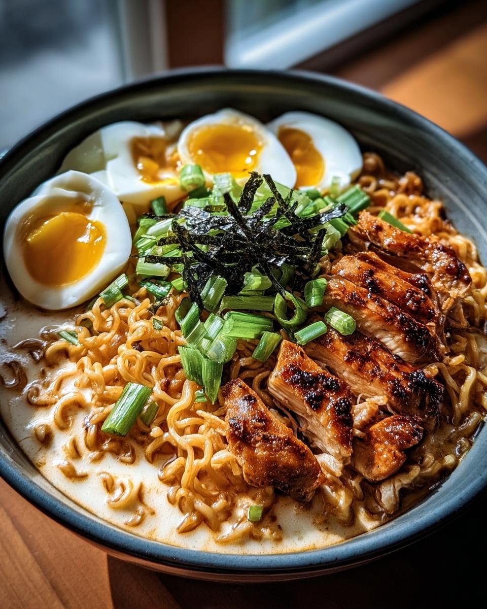 A bowl of creamy chicken ramen with soft boiled eggs, sliced chicken, green onions, and seaweed.