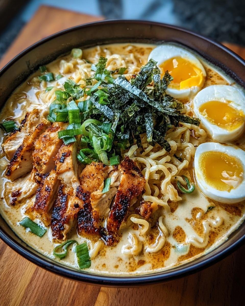 A bowl of creamy Chicken Ramen with sliced chicken, soft boiled egg, seaweed, and green onions.