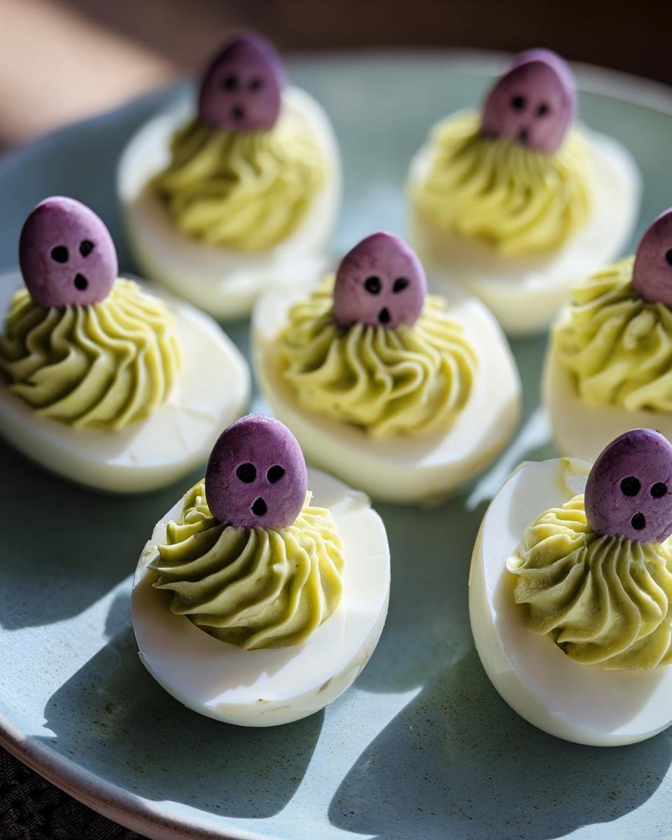A plate of creepy deviled eggs, decorated with green filling and purple ghost-shaped toppers for a spooky Halloween treat.