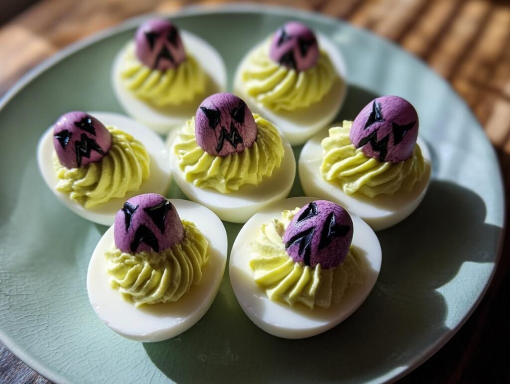 Six creepy deviled eggs on a light green plate, featuring purple egg 'heads' with black jagged designs.
