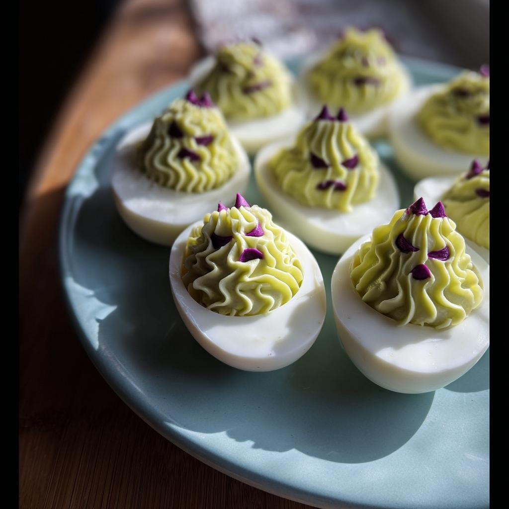 A plate of spooky Creepy Deviled Eggs with green filling and purple monster faces.