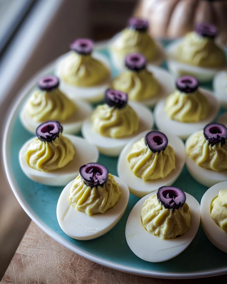 A plate of Creepy Deviled Eggs, each topped with a piped yolk mixture and an olive slice resembling an eye.