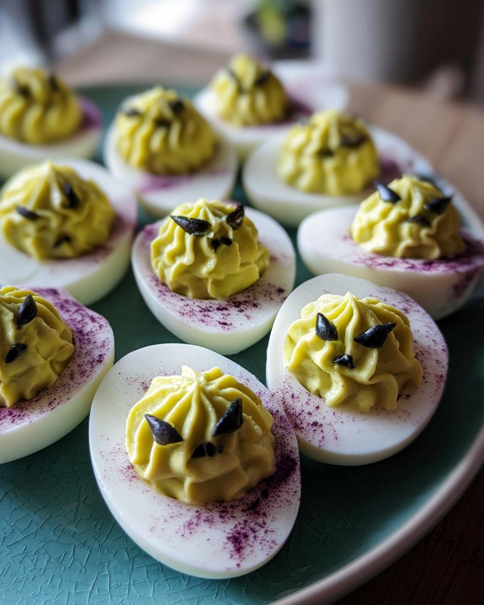 A platter of spooky Creepy Deviled Eggs decorated with olive eyes and purple dusting for Halloween.