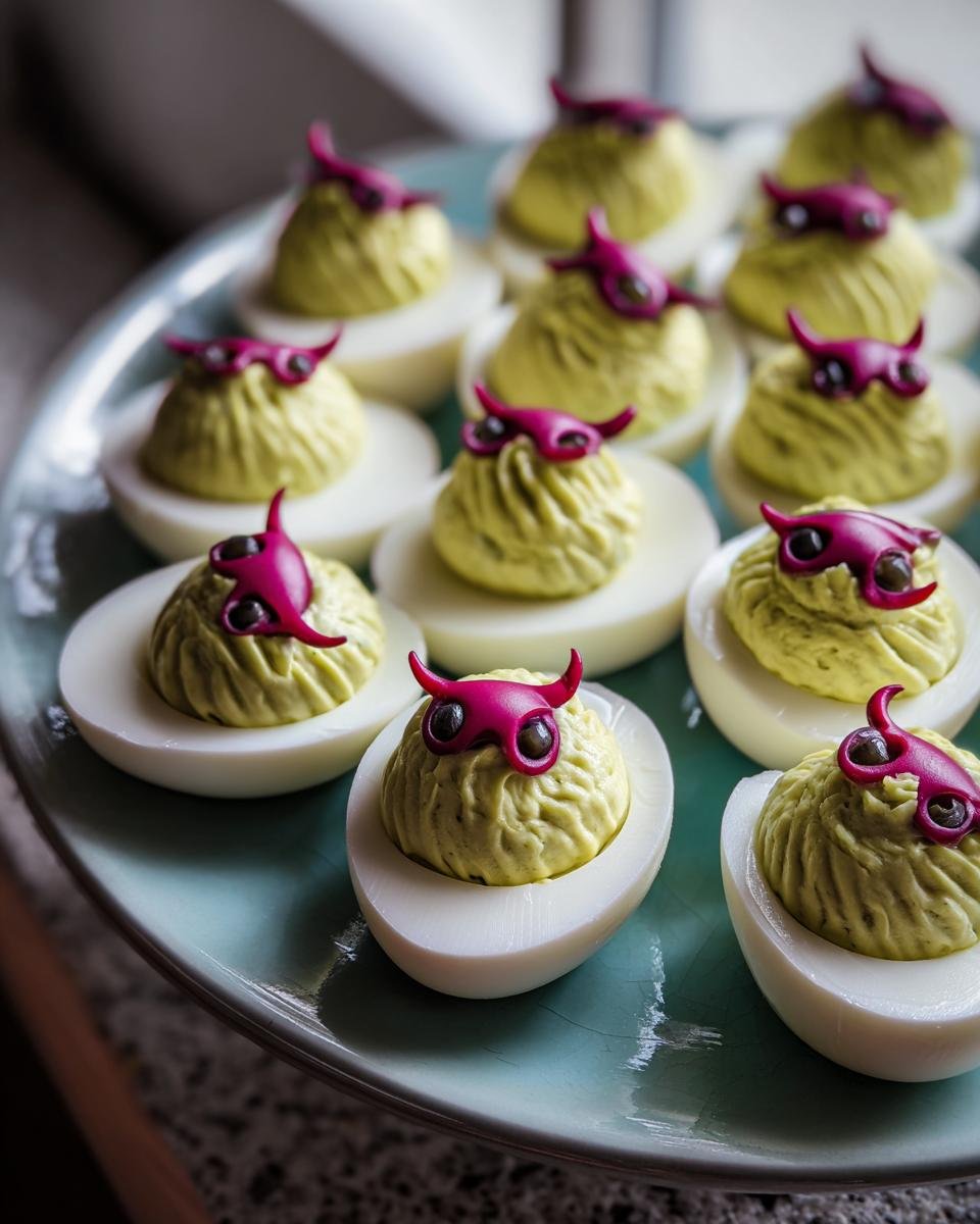 Plate of spooky Creepy Deviled Eggs decorated with devil horns for a Halloween treat.