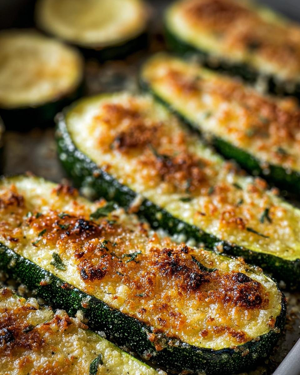 Close-up of Crispy Baked Parmesan Zucchini slices on a baking sheet, showcasing the golden-brown topping.