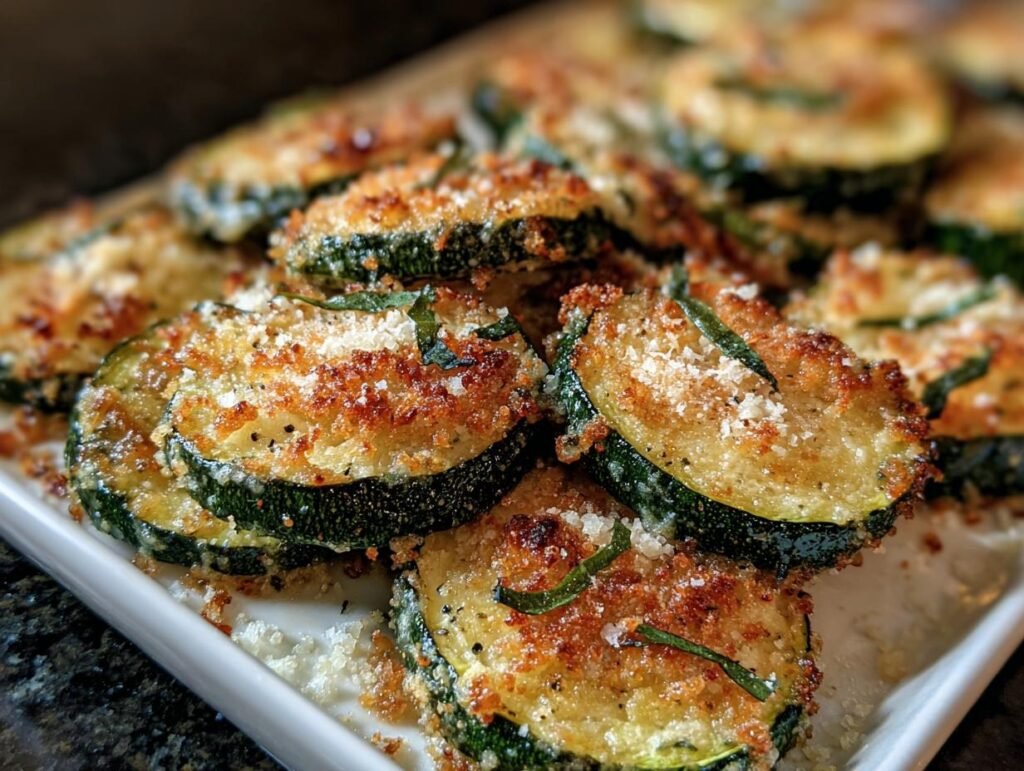 Close-up of Crispy Baked Parmesan Zucchini slices on a white plate, garnished with herbs.