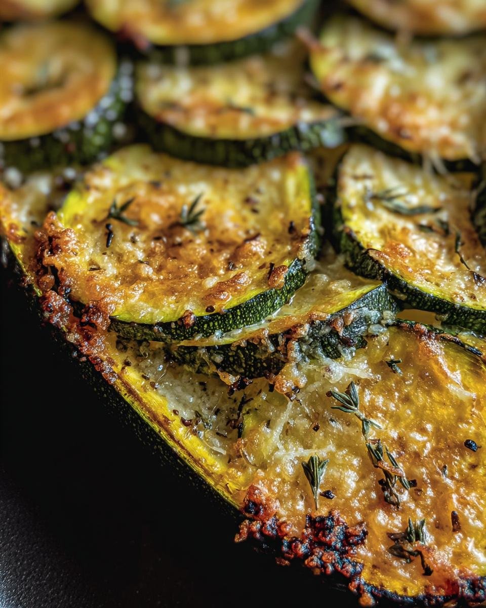 A close-up of Crispy Baked Parmesan Zucchini slices, showcasing the golden-brown parmesan crust and fresh herbs.