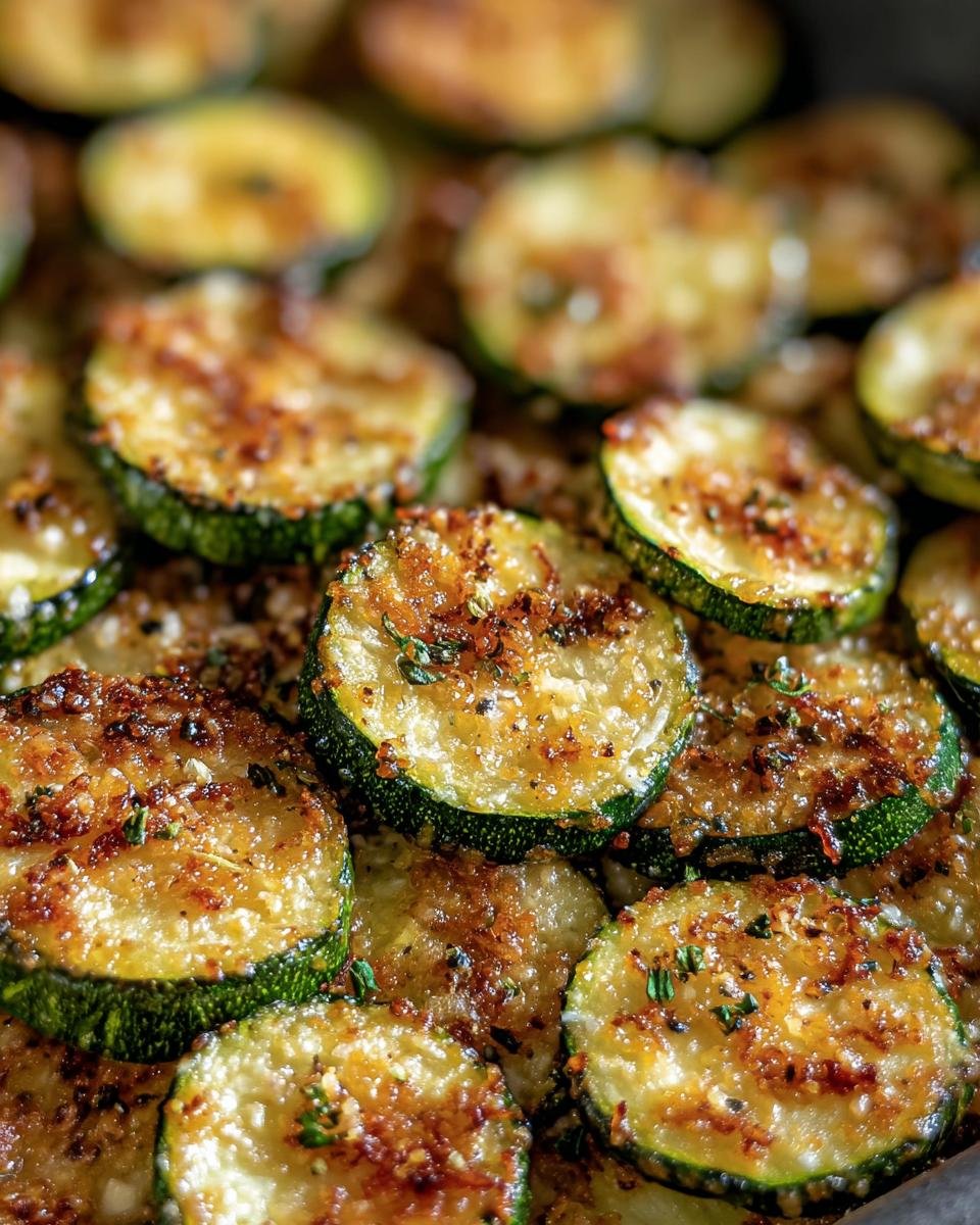 Close-up of Crispy Baked Parmesan Zucchini slices, showing golden-brown parmesan crust and fresh herbs.