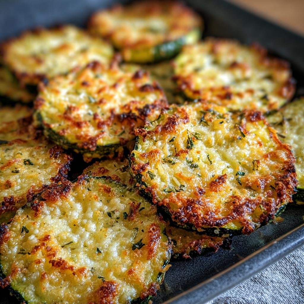 Close-up of Crispy Baked Parmesan Zucchini slices on a baking sheet, showing golden-brown parmesan crust.