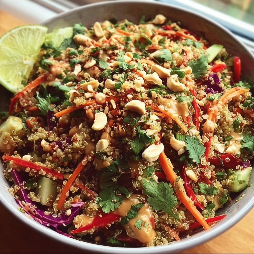 A vibrant bowl of Crunchy Thai Quinoa Salad with quinoa, vegetables, peanuts, cilantro, and a lime wedge.