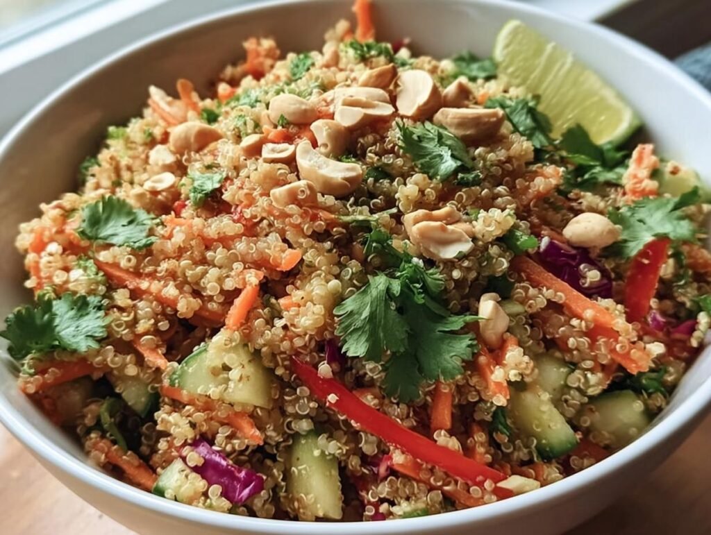 A vibrant bowl of Crunchy Thai Quinoa Salad with quinoa, vegetables, peanuts, cilantro, and a lime wedge.
