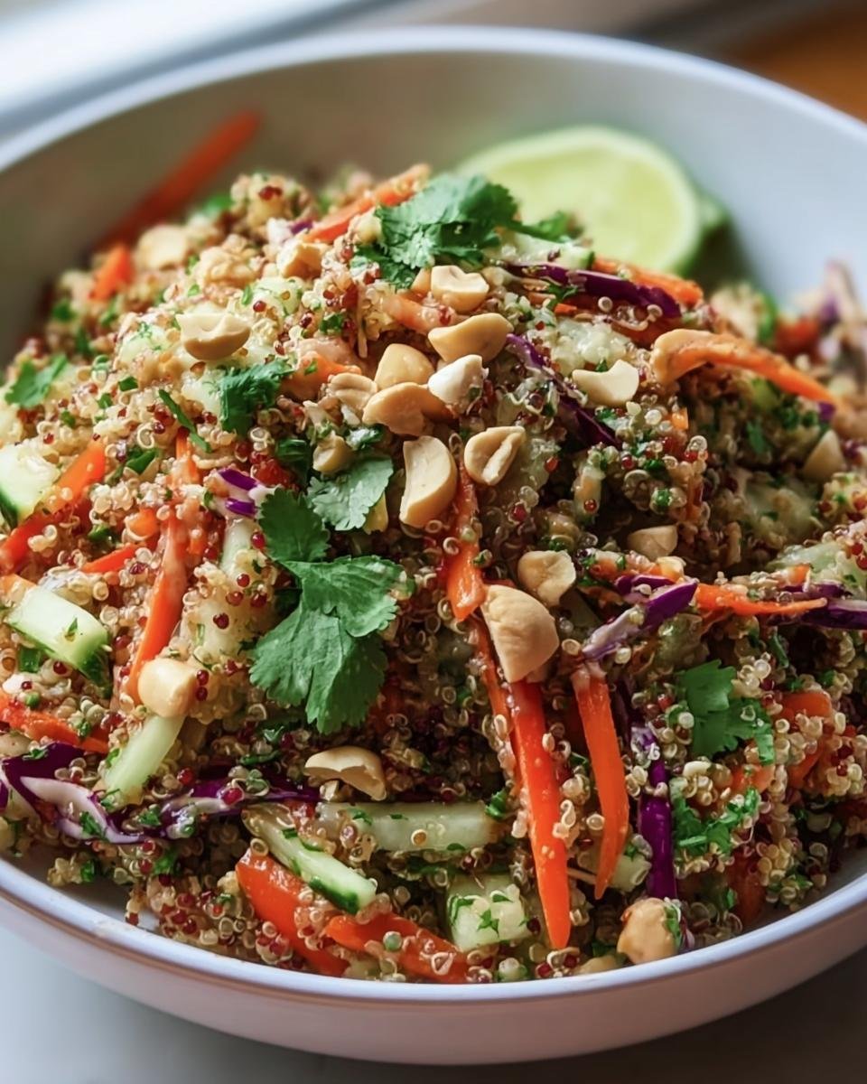 A vibrant bowl of Crunchy Thai Quinoa Salad with quinoa, vegetables, peanuts, cilantro, and a lime wedge.