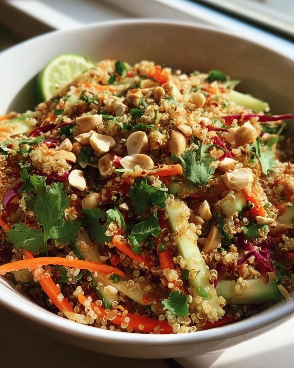 A vibrant bowl of Crunchy Thai Quinoa Salad with quinoa, vegetables, peanuts, and cilantro.