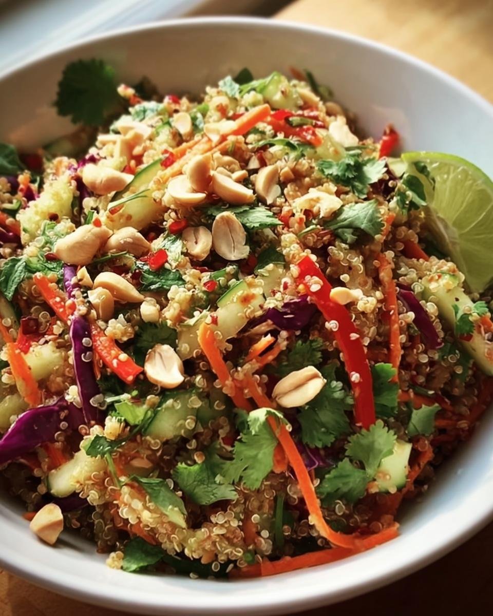 A vibrant bowl of Crunchy Thai Quinoa Salad with quinoa, vegetables, peanuts, and a lime wedge.
