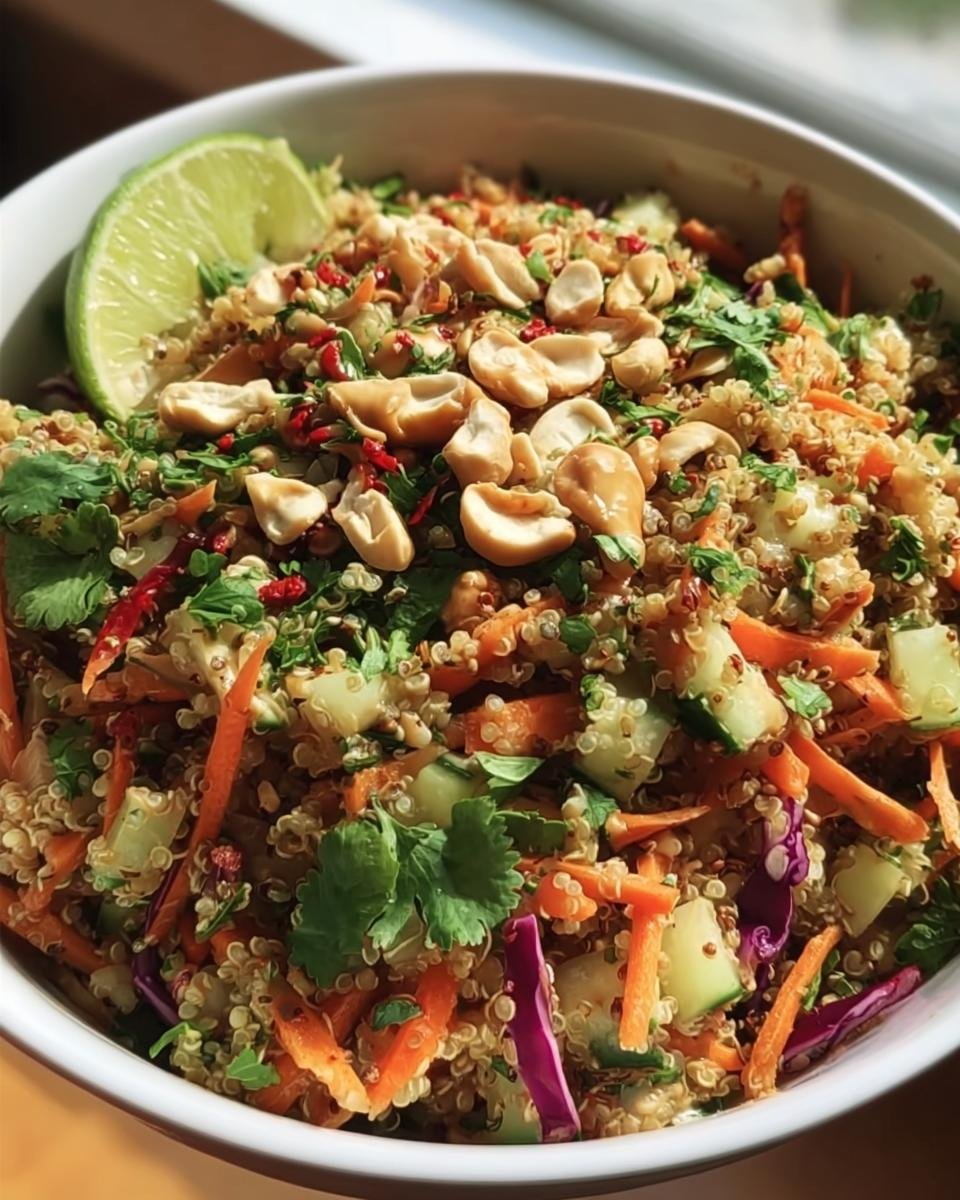 A vibrant bowl of Crunchy Thai Quinoa Salad with quinoa, vegetables, peanuts, and a lime wedge.