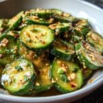 Close-up of sliced Cucumbers in Spicy Peanut Sauce, garnished with herbs and chili flakes.