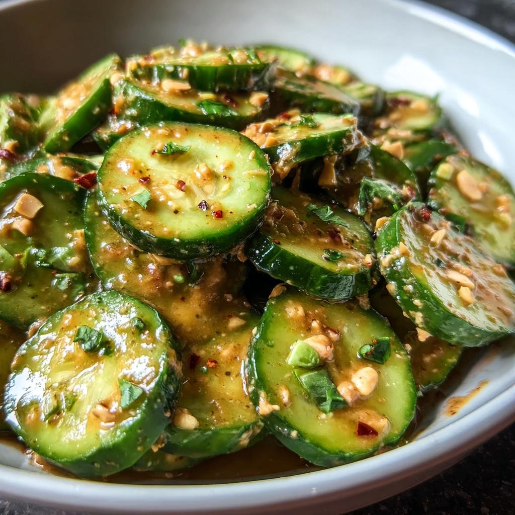 Close-up of sliced Cucumbers in Spicy Peanut Sauce, garnished with herbs and chili flakes.